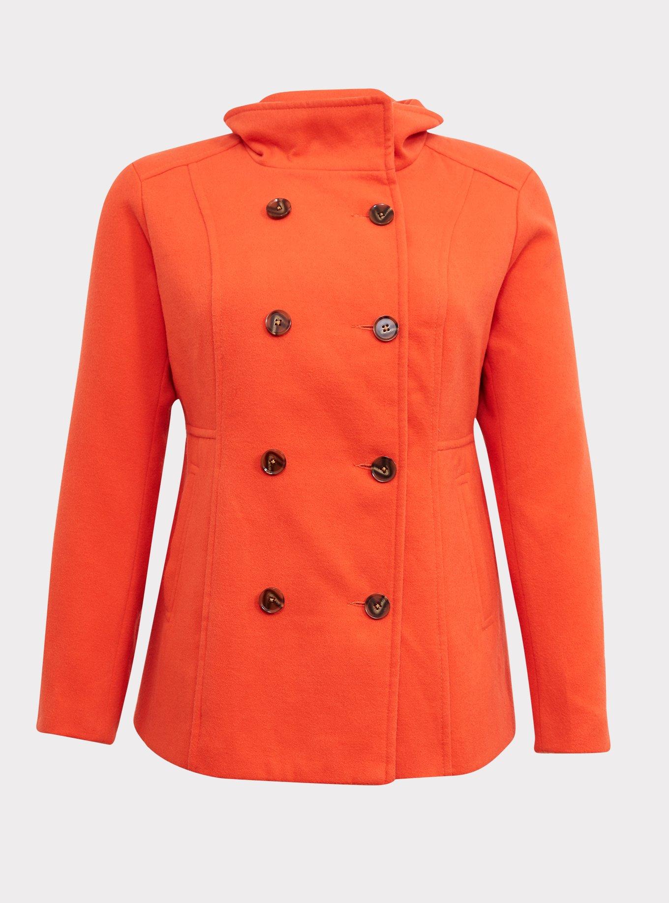 Wool Double Breasted Pea Coat, TANGERINE, hi-res