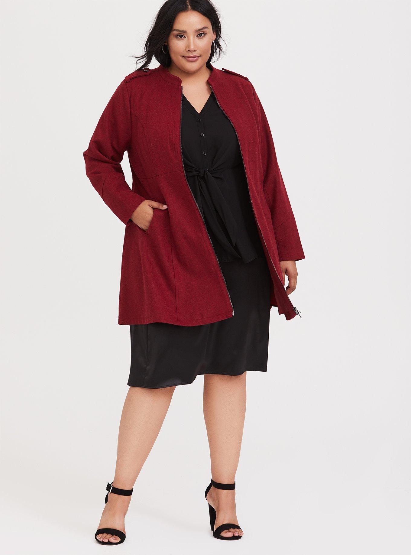 Plus Size Wool Zip-Front Fit And Flare Coat, JESTER RED, alternate