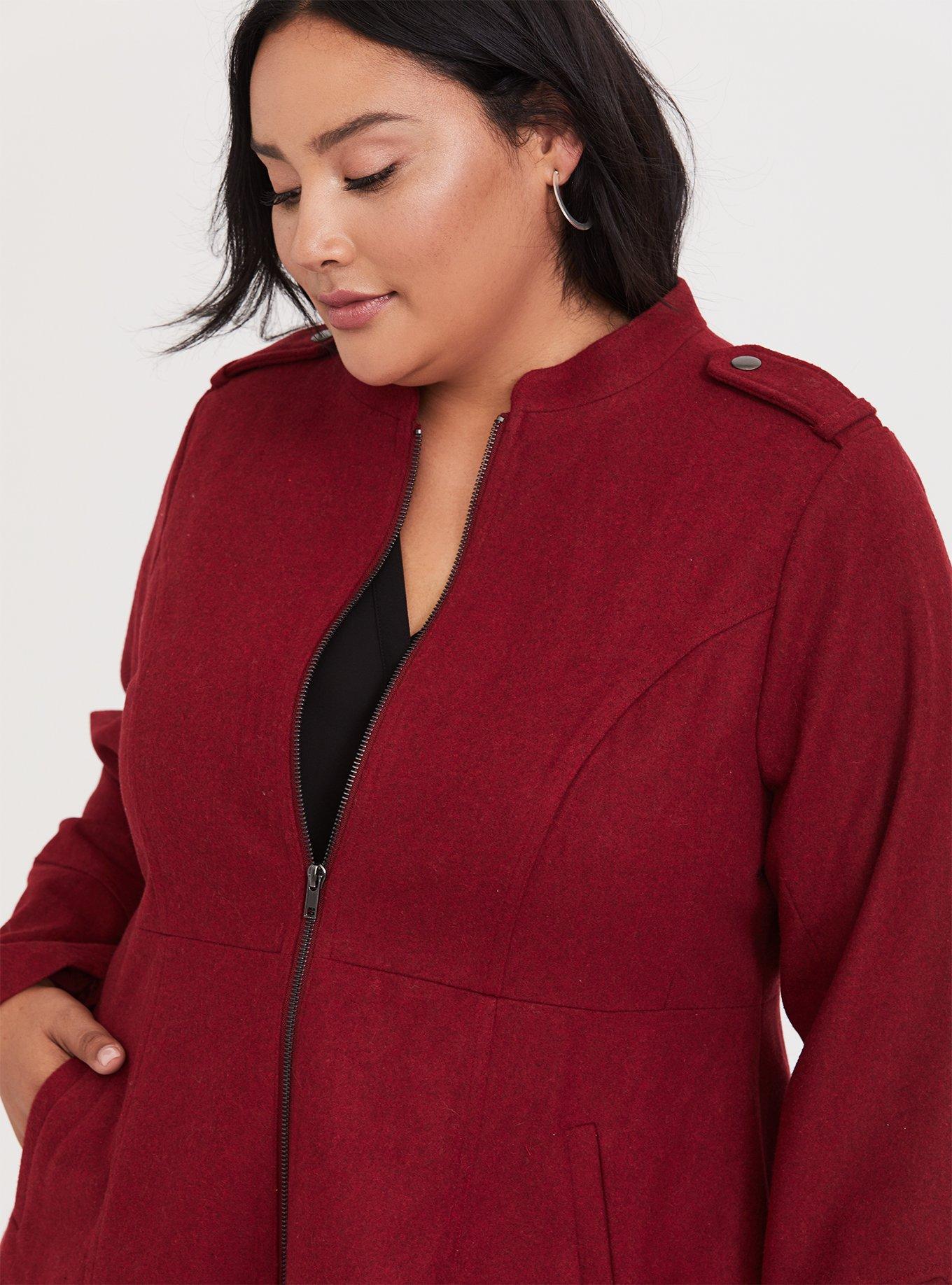 Plus Size Wool Zip-Front Fit And Flare Coat, JESTER RED, alternate