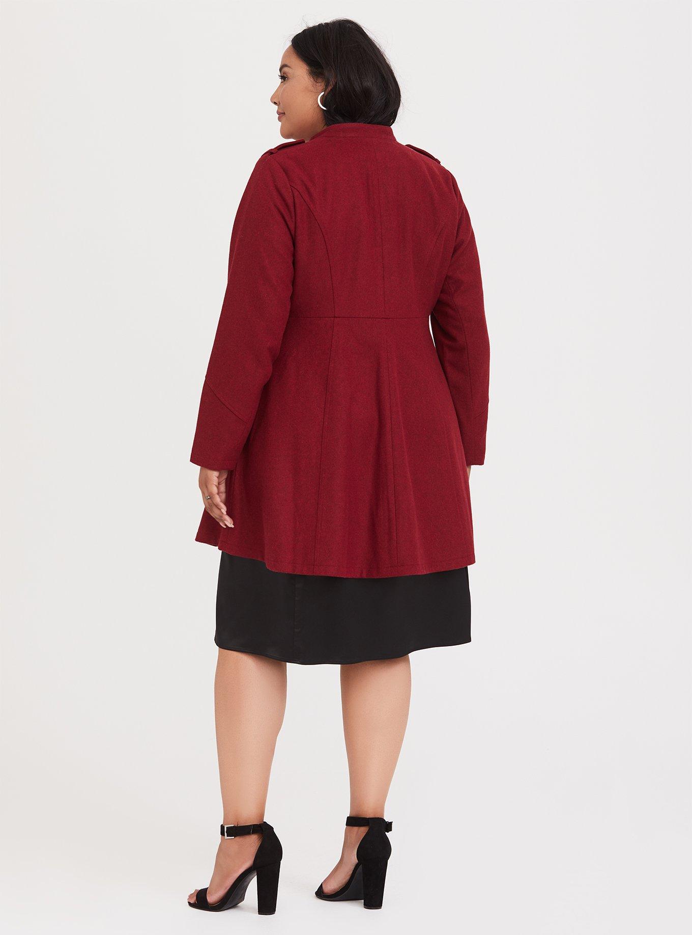 Plus Size Wool Zip-Front Fit And Flare Coat, JESTER RED, alternate