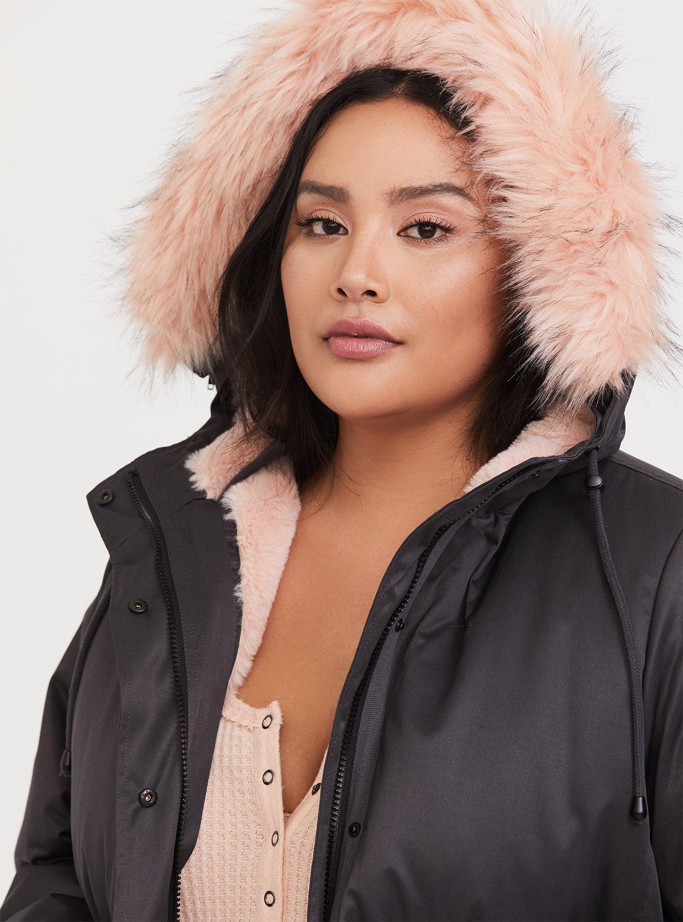 Faux Torrid Plus Pink Twill Grey Fur Size Trim Parka - 3-In-1 & -