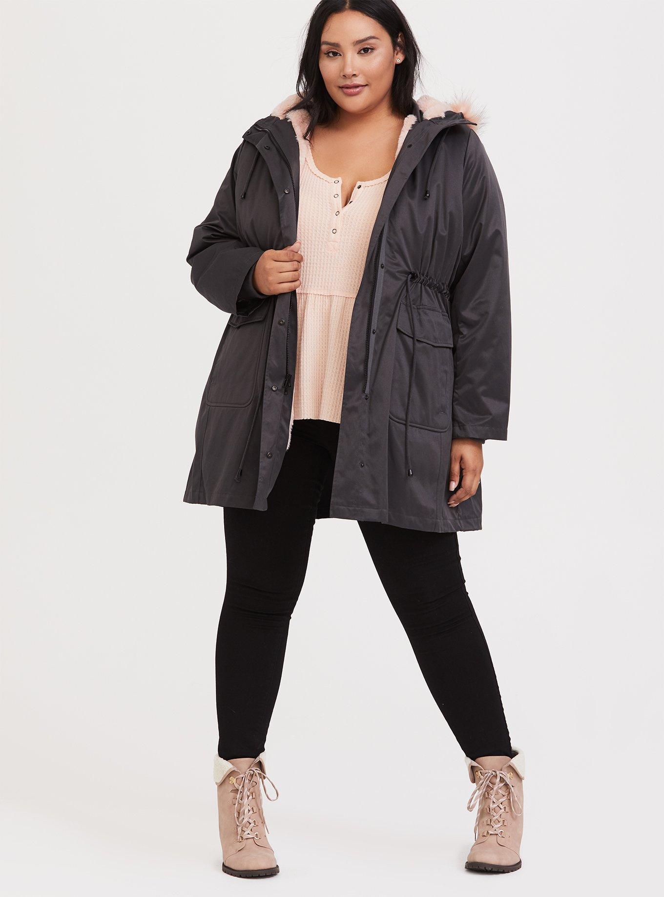 Parka Torrid Plus Twill Trim Fur Pink 3-In-1 - Size & Faux - Grey