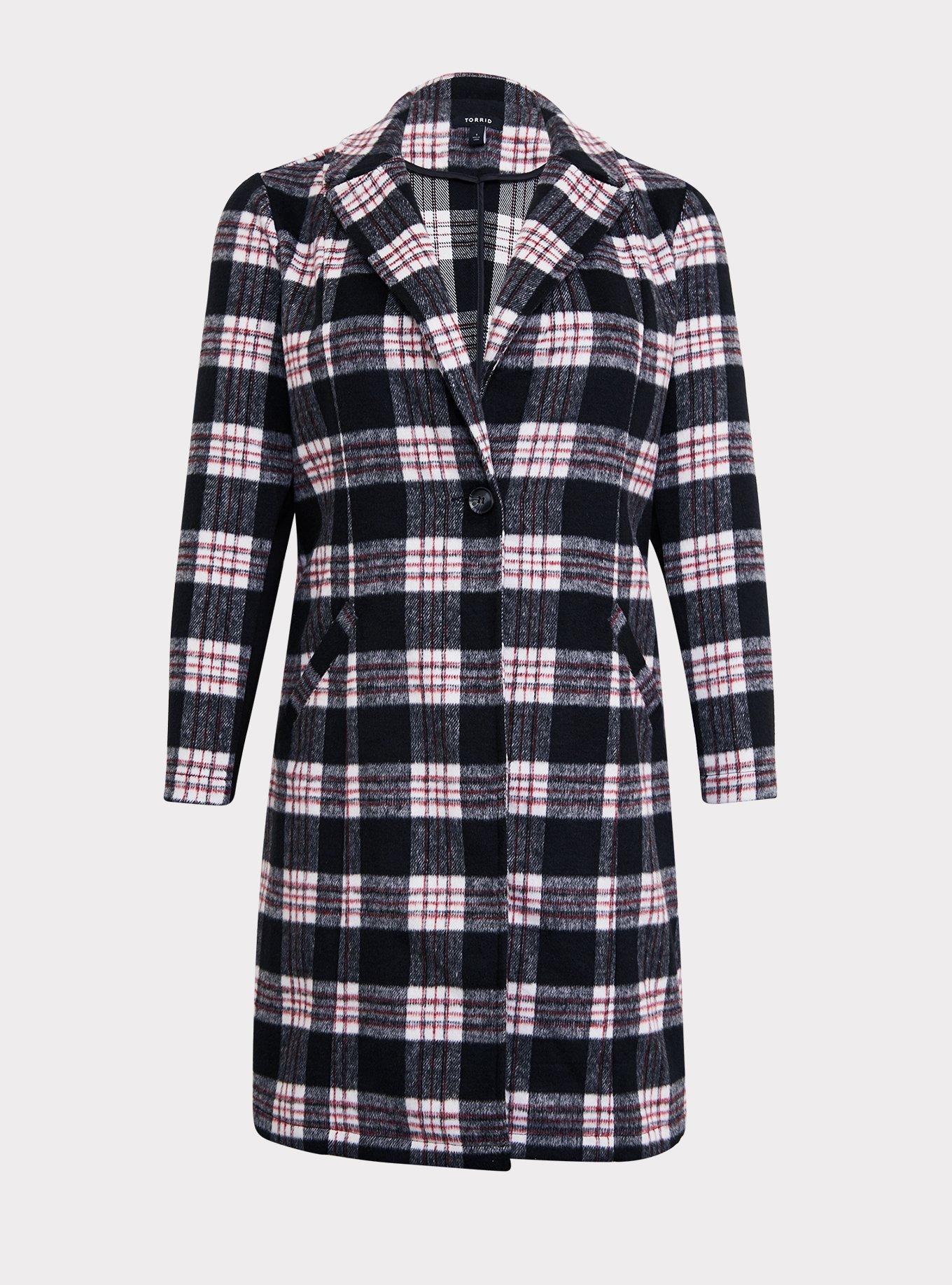 Plus Size Black & White Plaid Top Coat, , hi-res