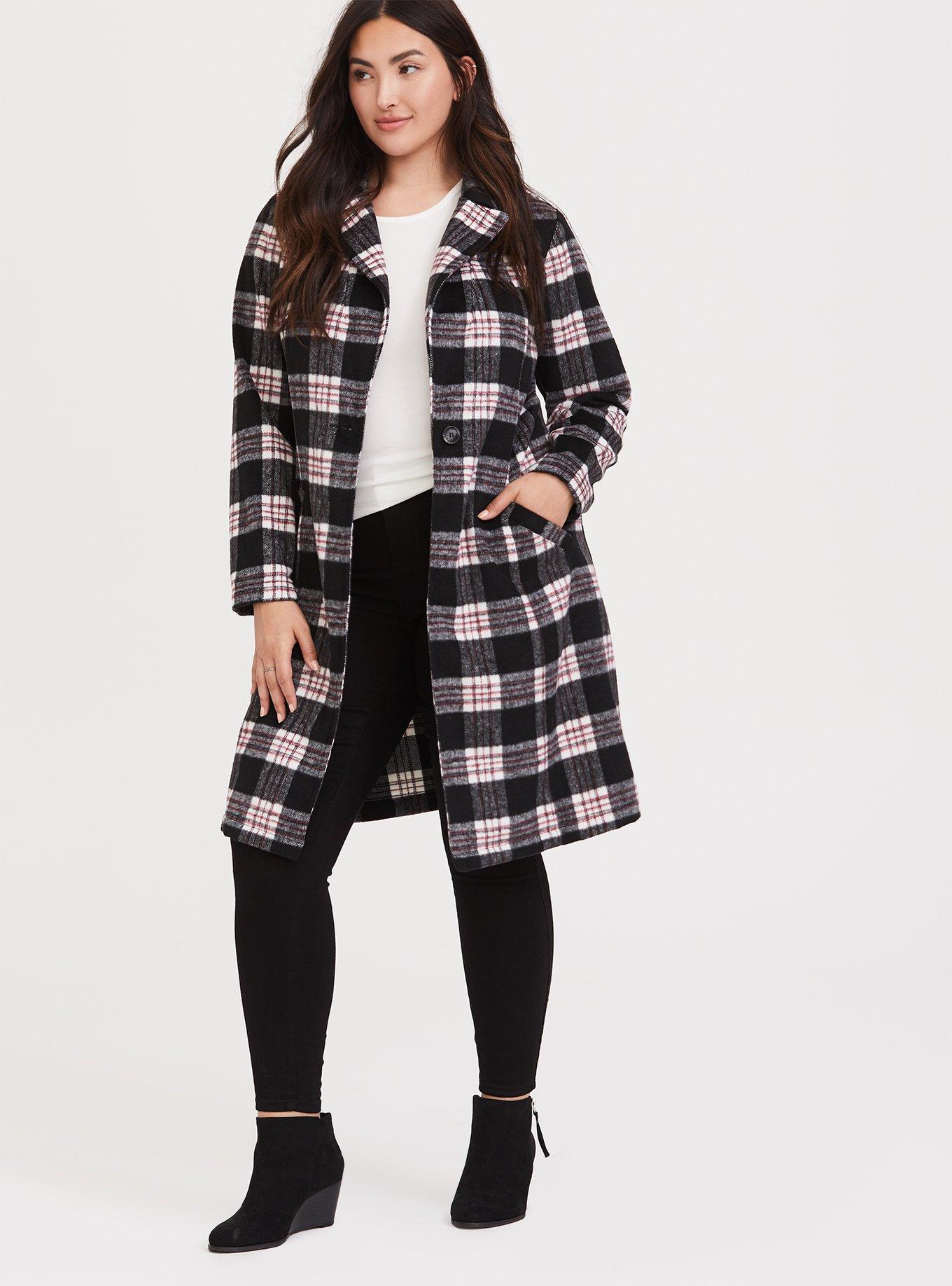 Plus Size Black & White Plaid Top Coat, , hi-res