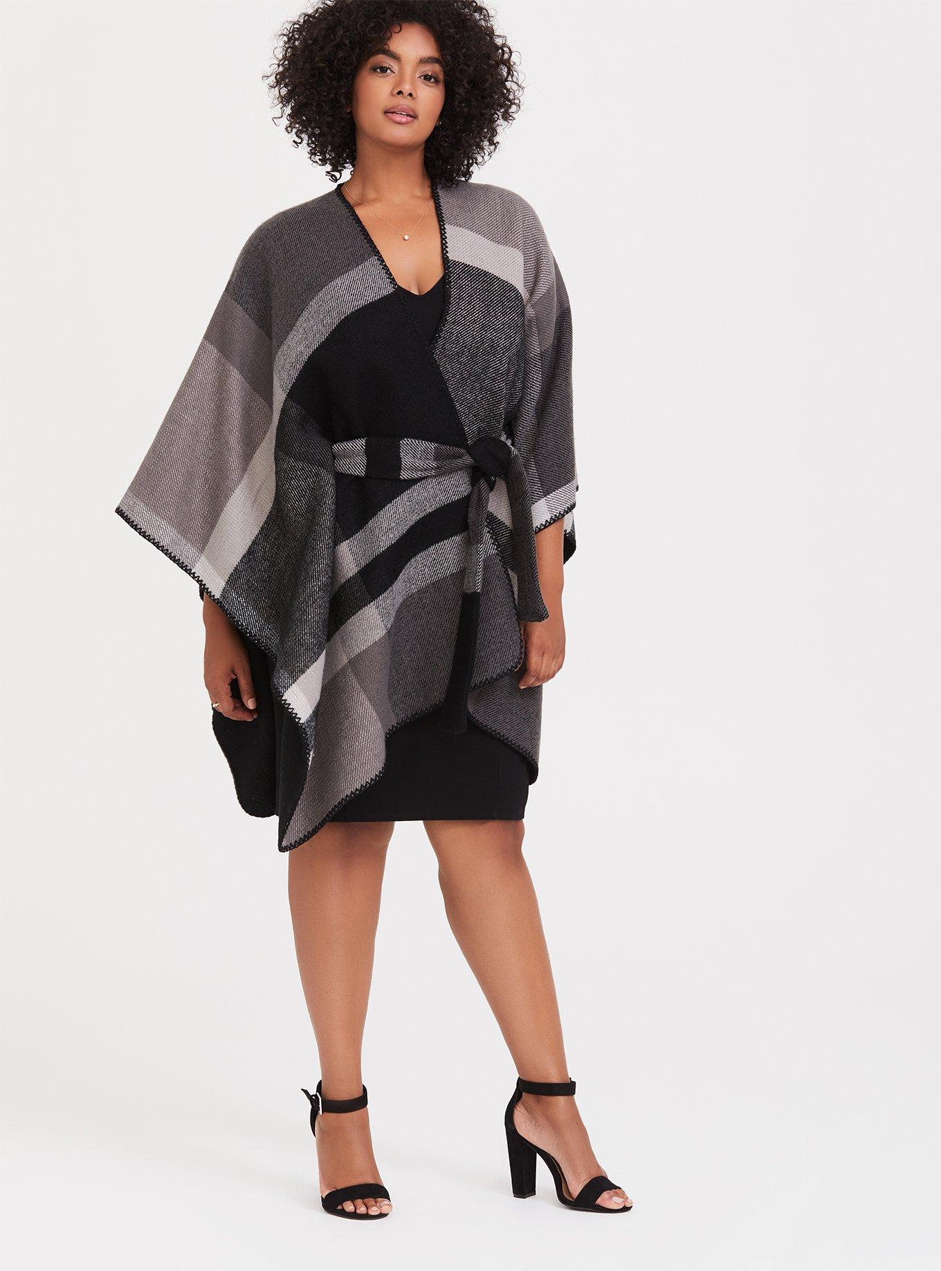 Plus Size - Grey & Black Plaid Belted Ruana - Torrid