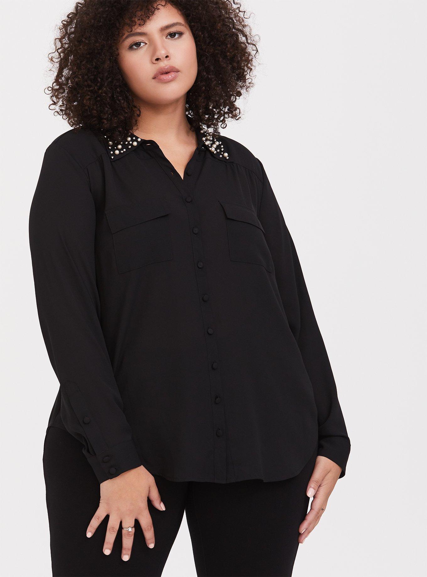 Plus Size - Madison - Black Georgette Pearl Collar Button