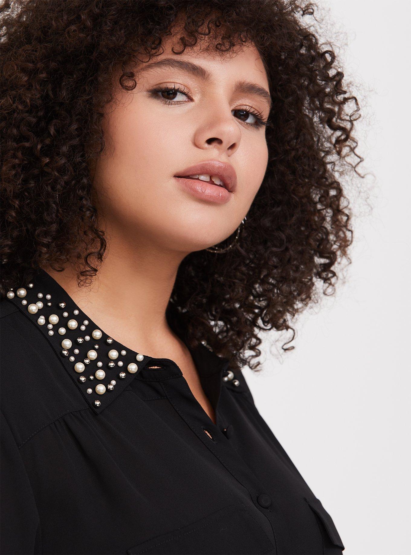 Plus Size - Madison - Black Georgette Pearl Collar Button