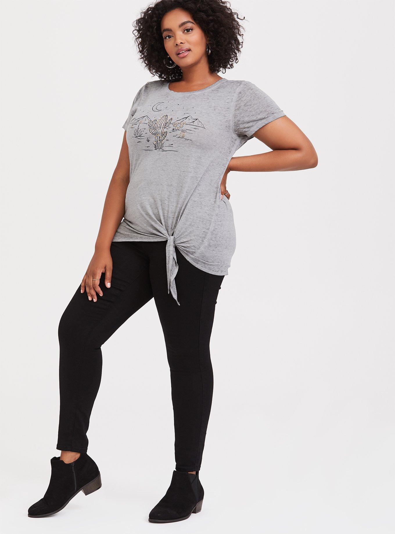 Plus Size Vintage Grey Cactus Hearts Tie Front Tee, MEDIUM HEATHER GREY, alternate