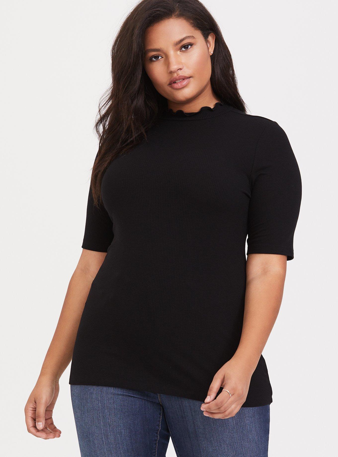 Ribbed Mock Neck Tee, DEEP BLACK, alternate