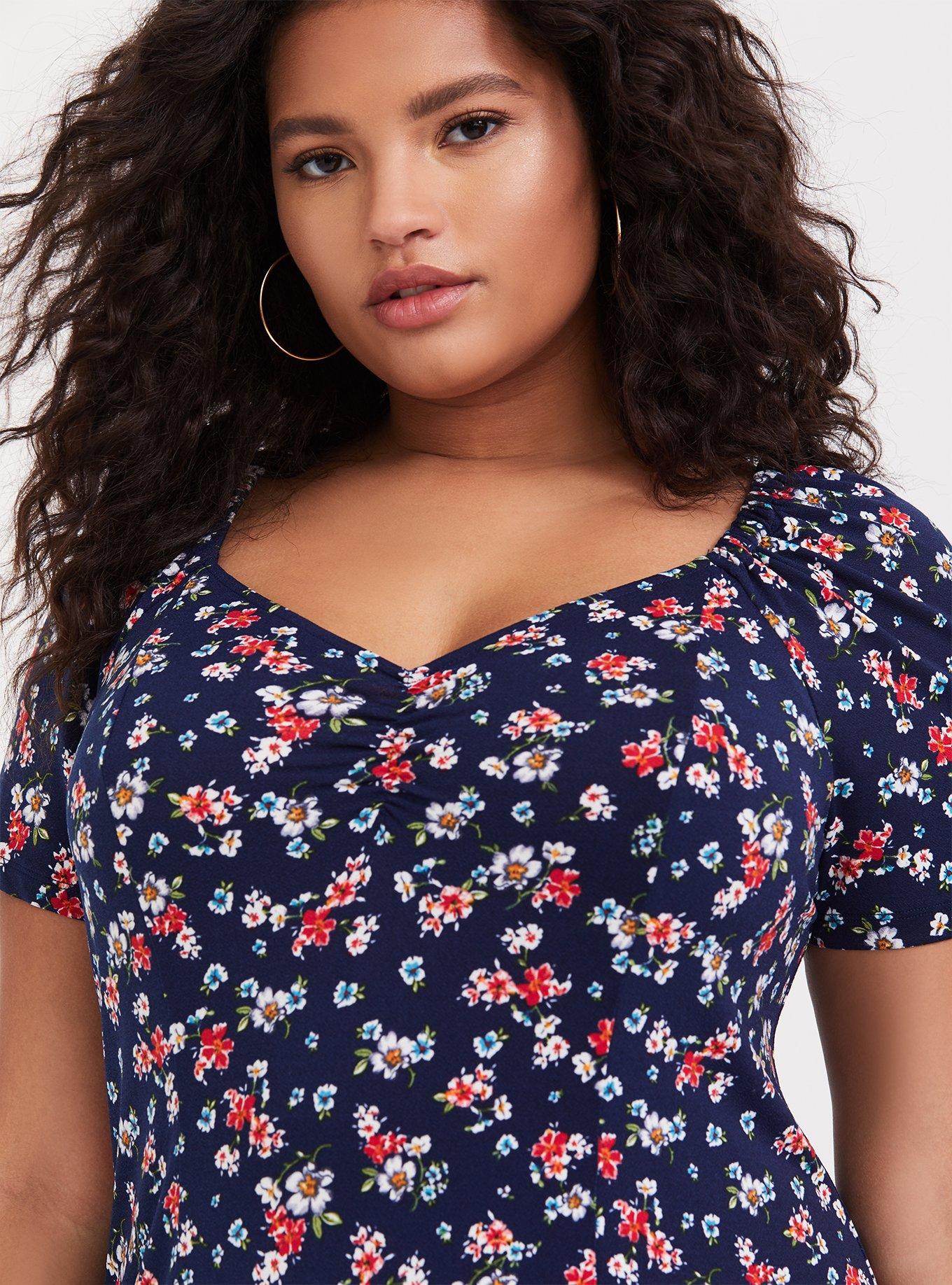 Plus Size - Navy Floral Crepe Off Shoulder Bodycon Mini Dress - Torrid
