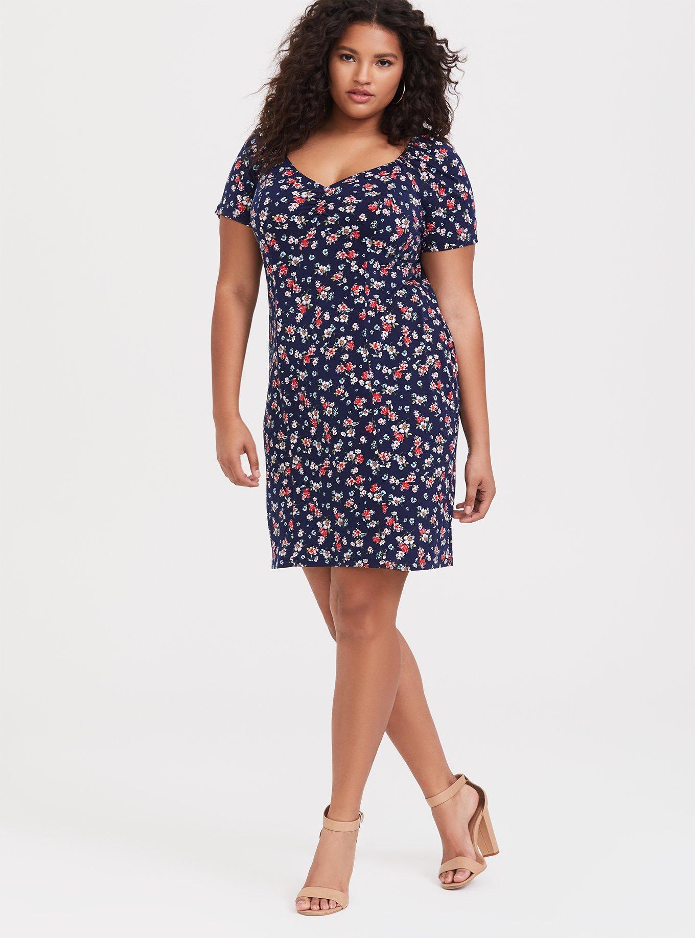 Plus Size - Navy Floral Crepe Off Shoulder Bodycon Mini Dress - Torrid