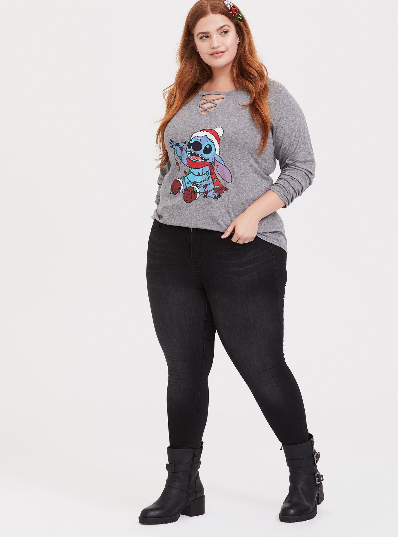 Plus Size Disney Holiday Lilo & Stitch Grey Lattice Long Sleeve Top, HEATHER GREY, alternate