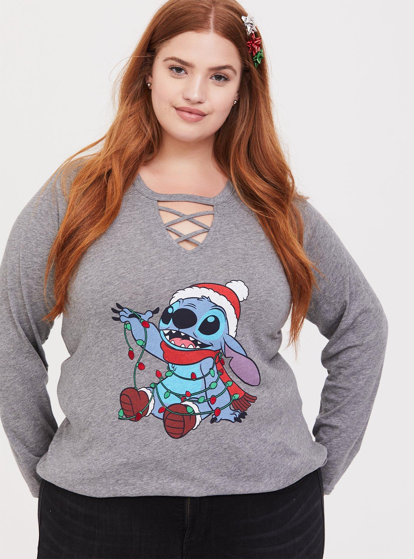Plus Size Disney Holiday Lilo & Stitch Grey Lattice Long Sleeve Top, HEATHER GREY, alternate