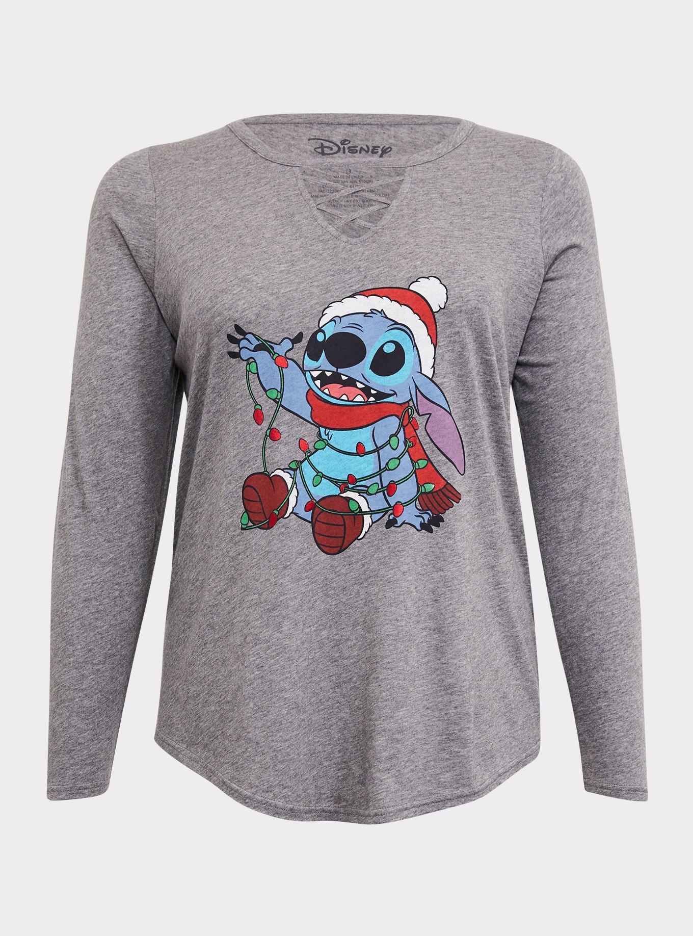 Plus Size Disney Holiday Lilo & Stitch Grey Lattice Long Sleeve Top, HEATHER GREY, hi-res