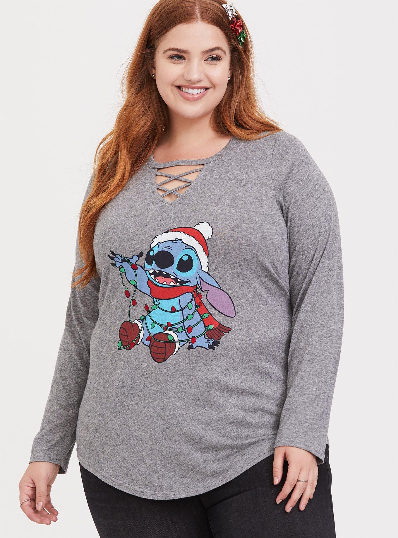 Plus Size Disney Holiday Lilo & Stitch Grey Lattice Long Sleeve Top, HEATHER GREY, hi-res