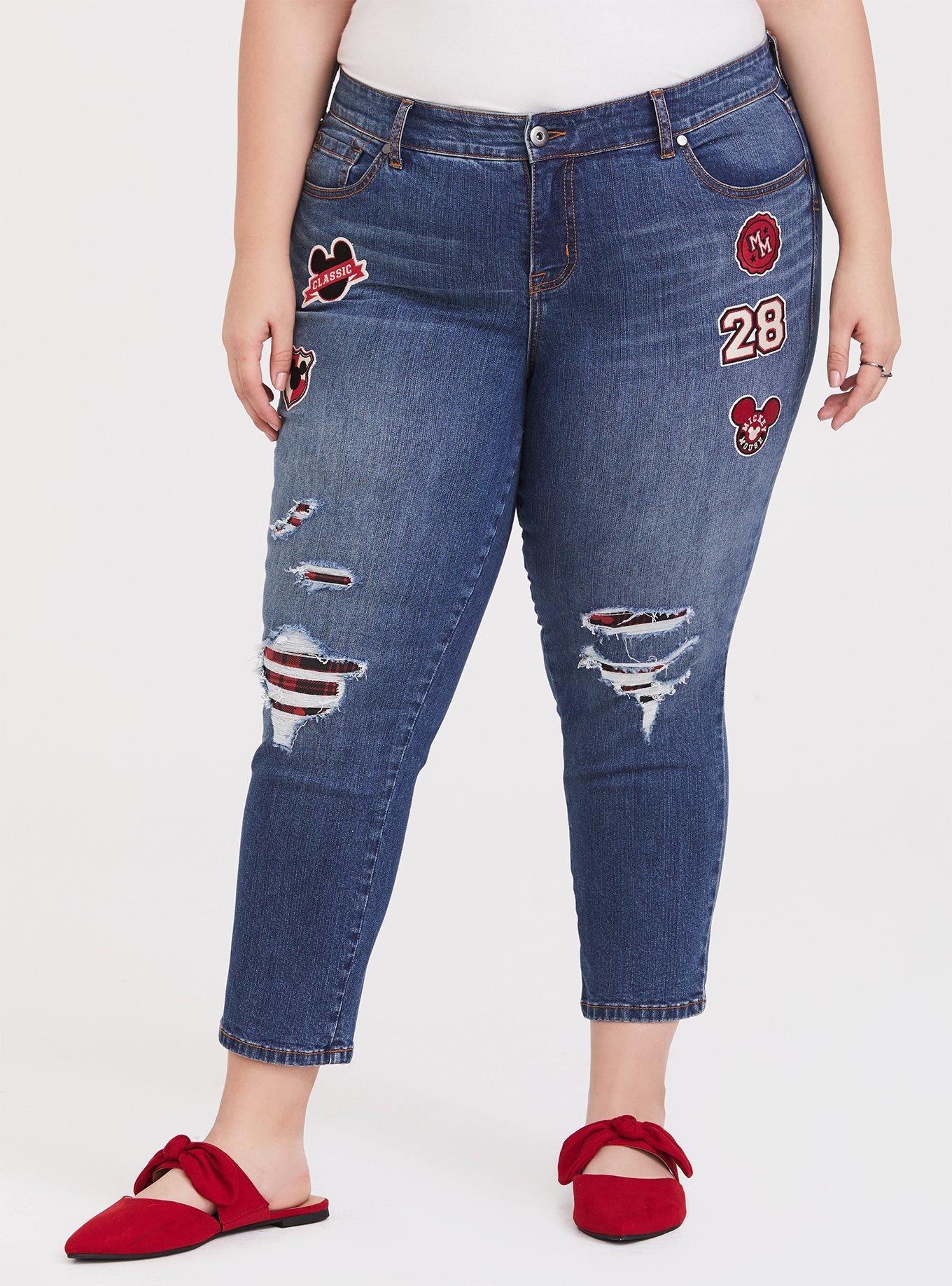 Plus Size Disney Mickey Mouse Medium Wash Boyfriend Jean with Patches, BLUE, alternate