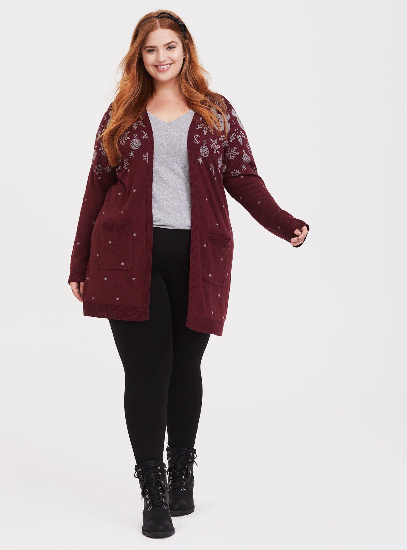 Plus Size Disney Holiday Mickey Mouse Fair Isle Burgundy Red Cardigan, WINDSOR WINE, alternate