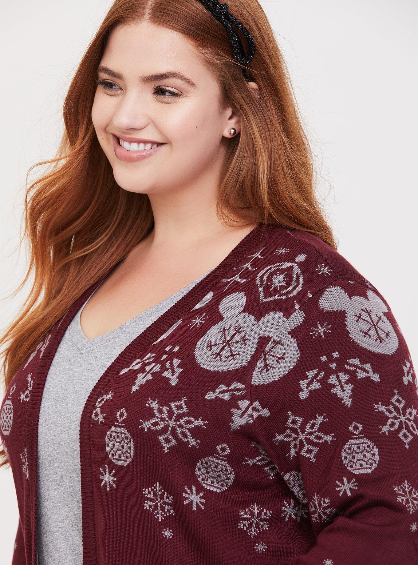 Plus Size Disney Holiday Mickey Mouse Fair Isle Burgundy Red Cardigan, WINDSOR WINE, alternate