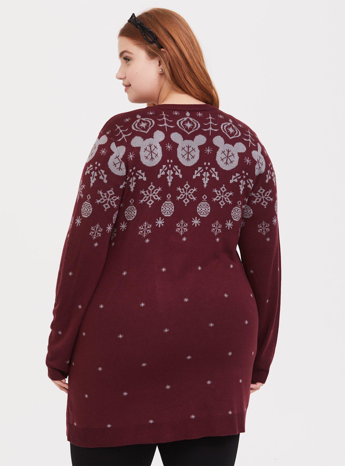 Plus Size Disney Holiday Mickey Mouse Fair Isle Burgundy Red Cardigan, WINDSOR WINE, alternate