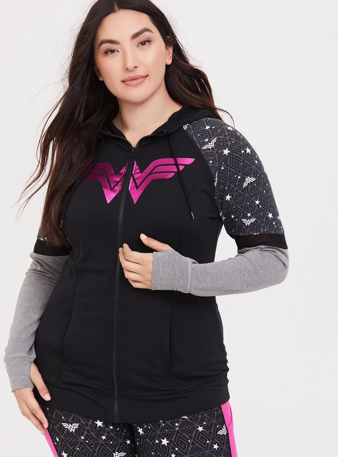 Plus Size Breast Cancer Awareness - DC Comics Wonder Woman Active Hoodie, BLACK GREY, alternate