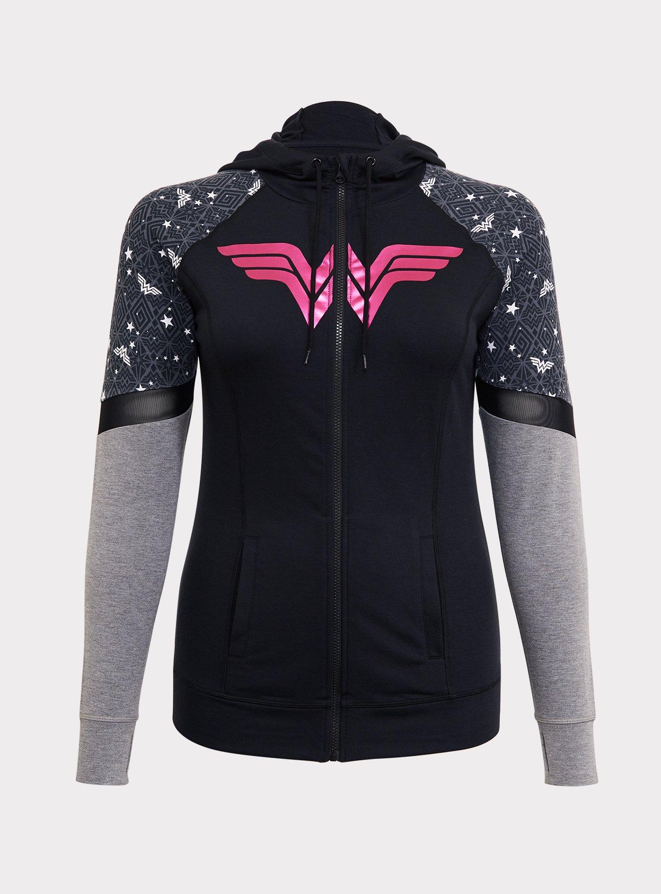 Plus Size Breast Cancer Awareness - DC Comics Wonder Woman Active Hoodie, BLACK GREY, hi-res