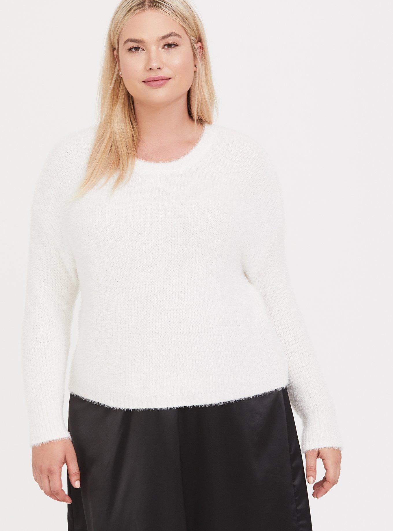 Ivory Fuzzy Knit Crop Pullover Sweater, , alternate