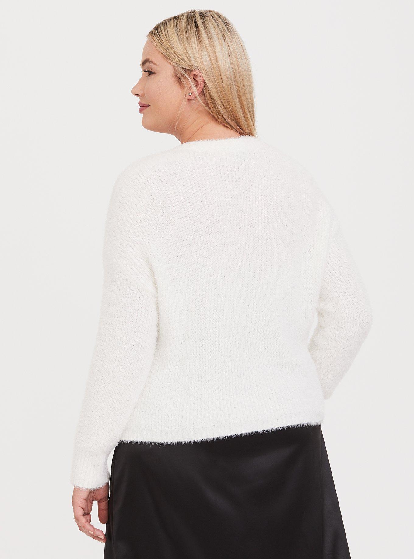 Ivory Fuzzy Knit Crop Pullover Sweater, , alternate