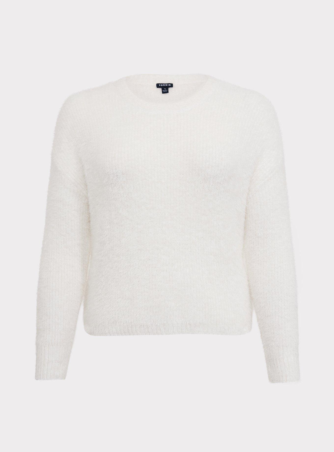 Ivory Fuzzy Knit Crop Pullover Sweater, , hi-res