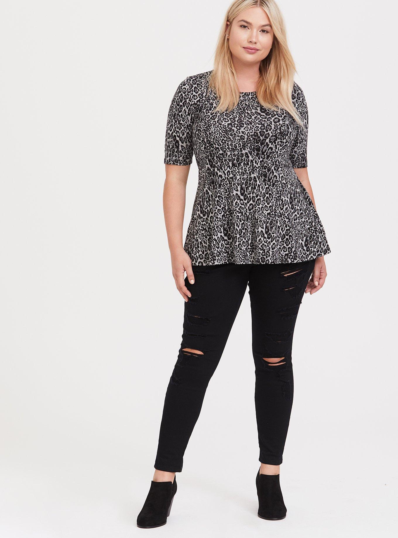 Grey Leopard Studio Knit Peplum Top, LEOPARD BLACK, alternate