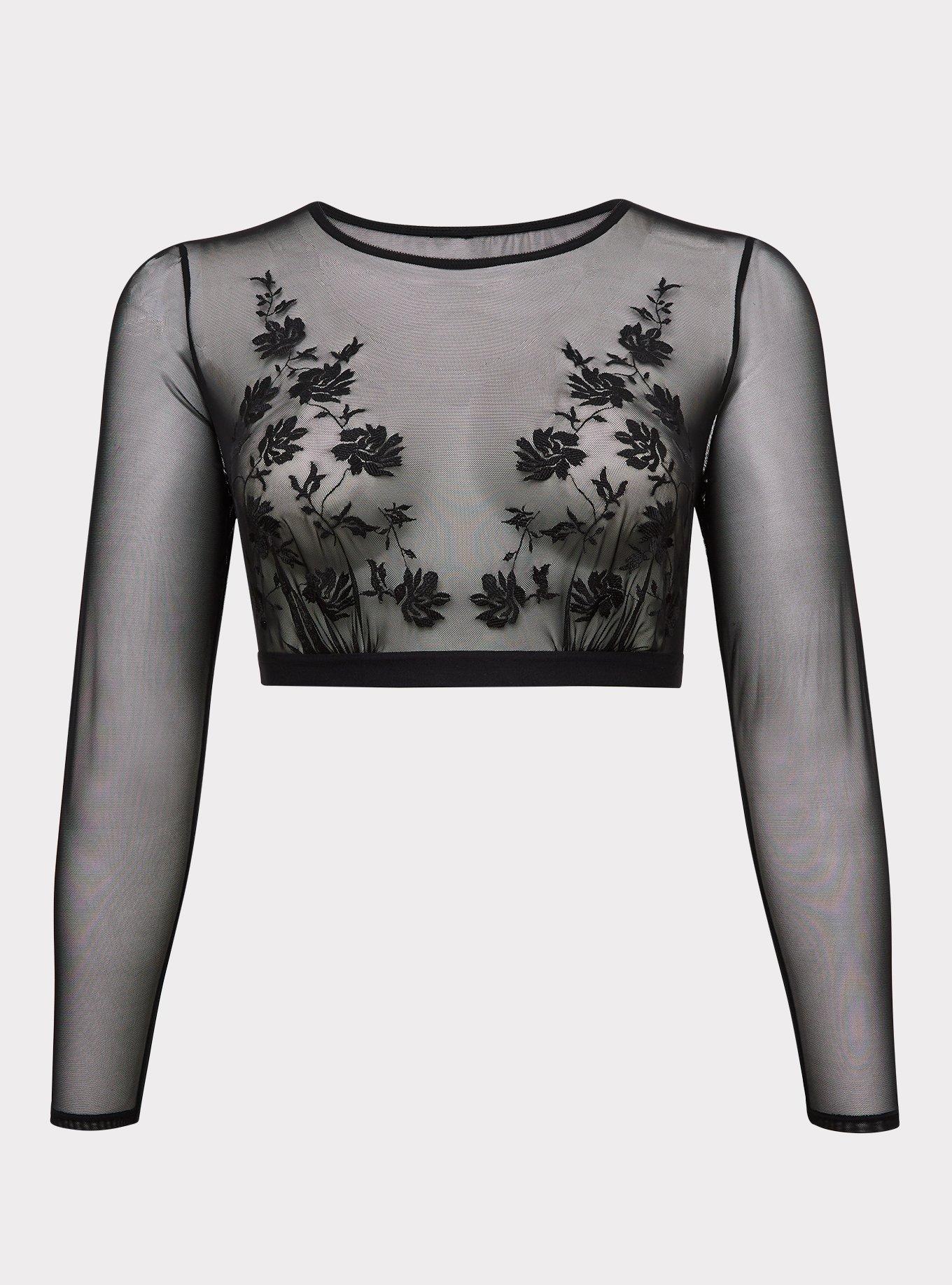 Plus Size - Black Mesh Embroidered Long Sleeve Under-It-All Crop Top ...