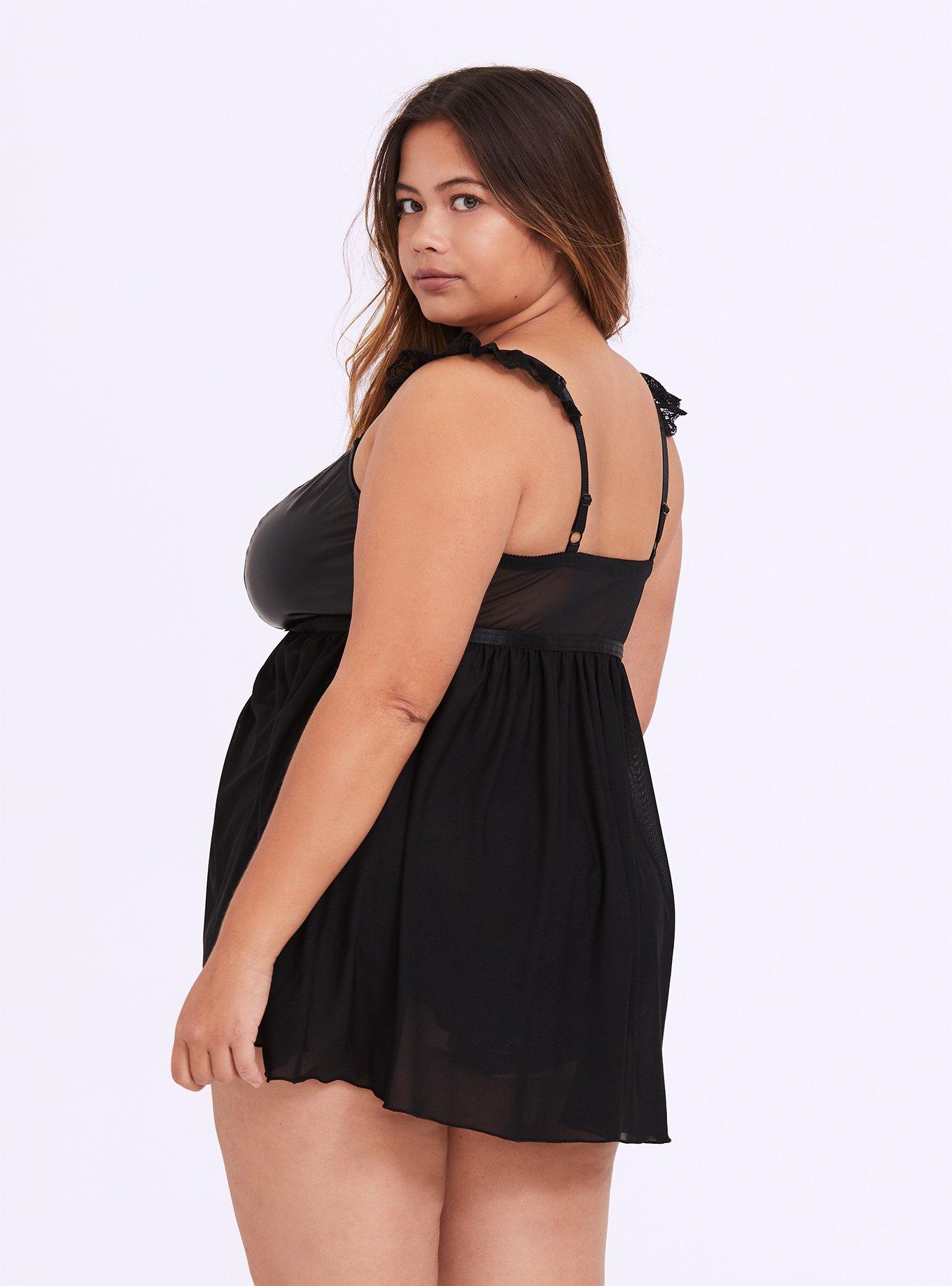 Plus Size Faux Pleather & Lace Strappy Babydoll, RICH BLACK, alternate