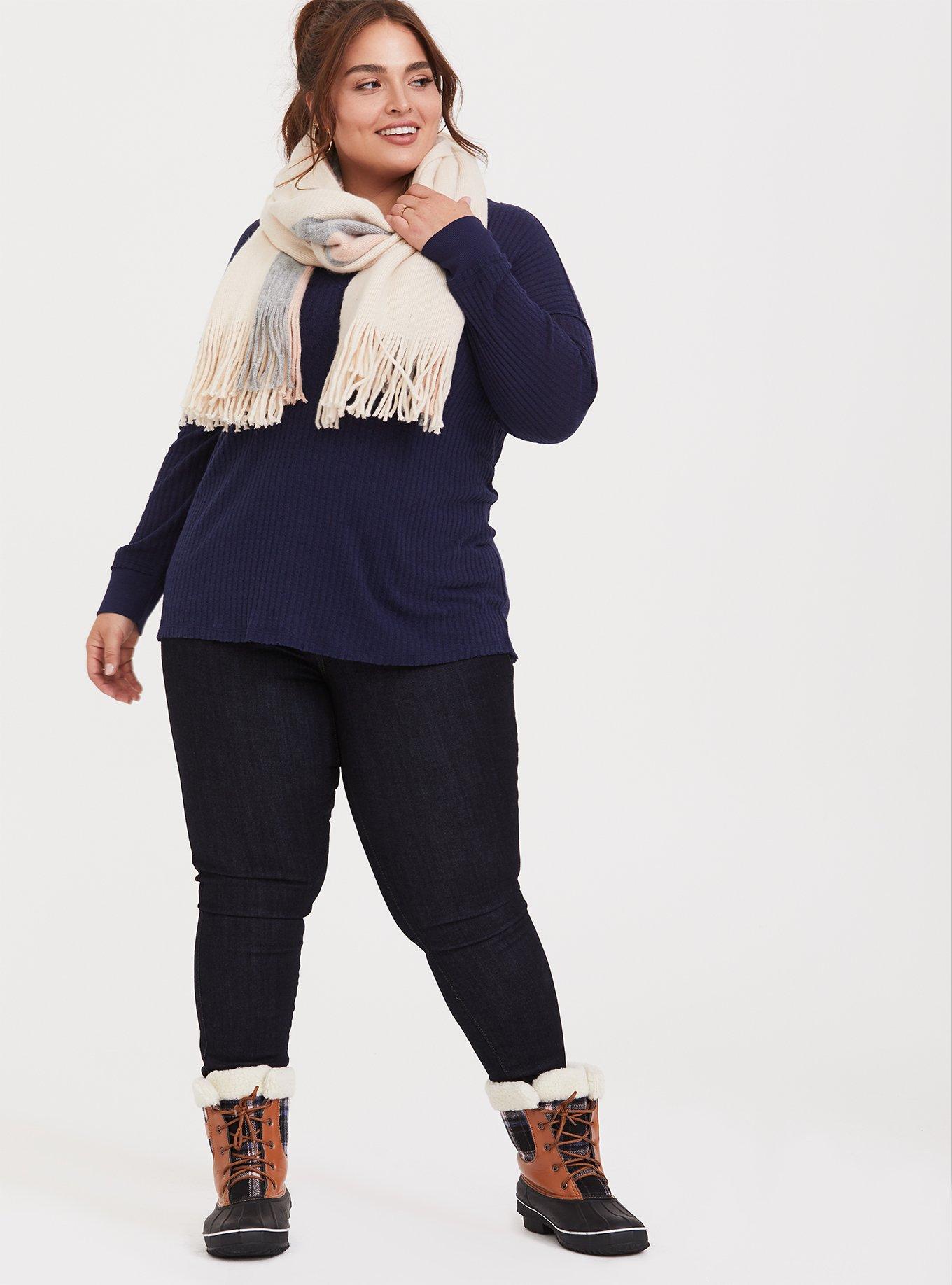 Plus Size Waffle V-Neck Long Sleeve Tee, PEACOAT, alternate