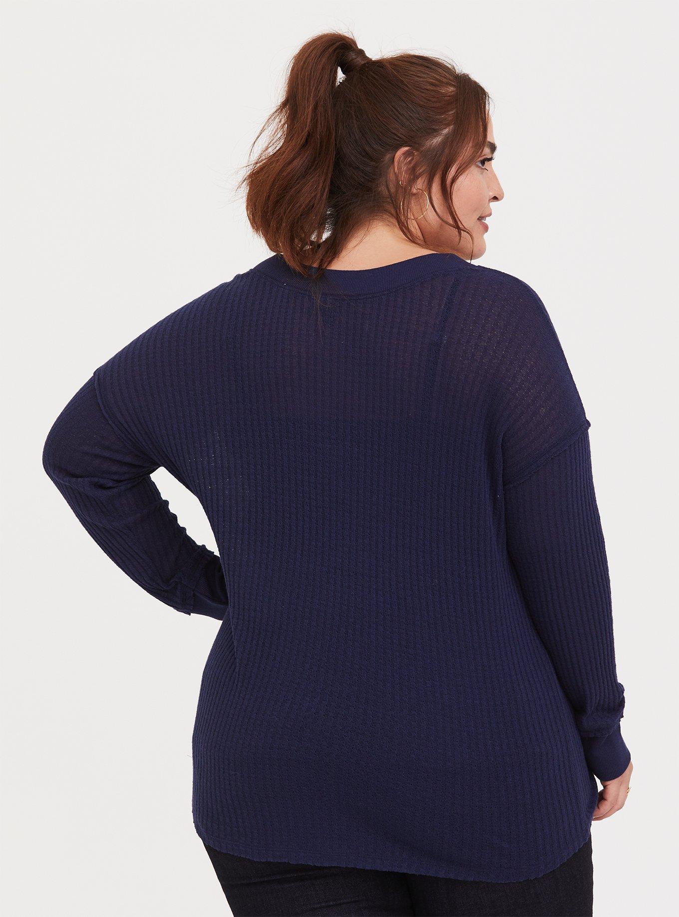 Plus Size Waffle V-Neck Long Sleeve Tee, PEACOAT, alternate