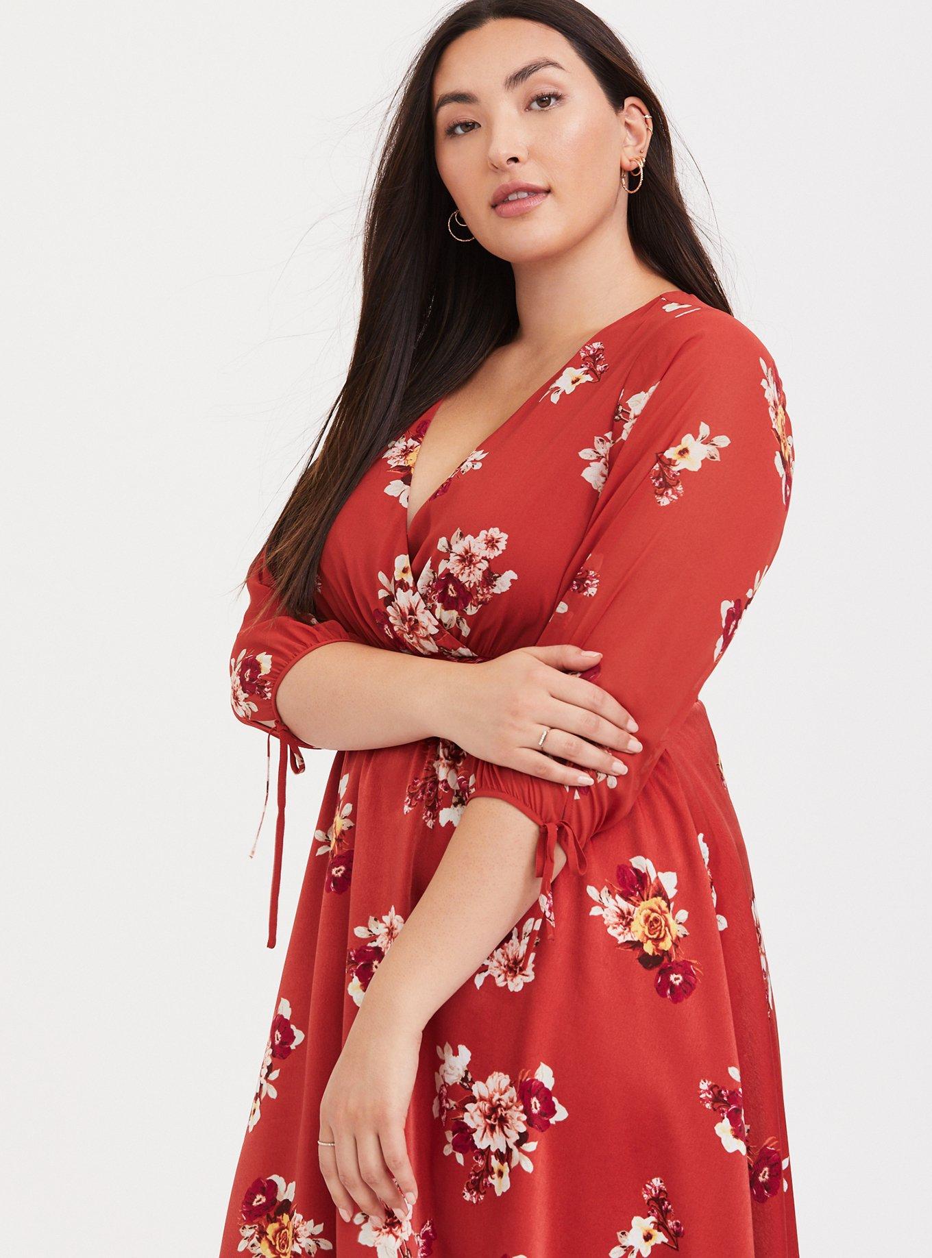 Plus Size Midi Chiffon Surplice Dress, FLORAL ORANGE, alternate