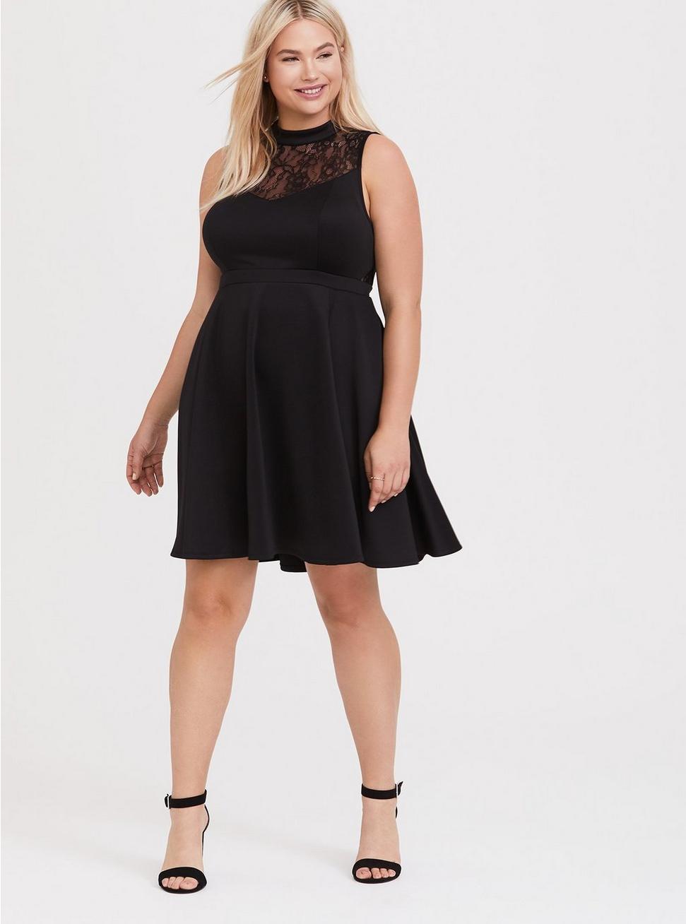 Plus Size - Black Scuba Knit & Lace Skater Dress - Torrid