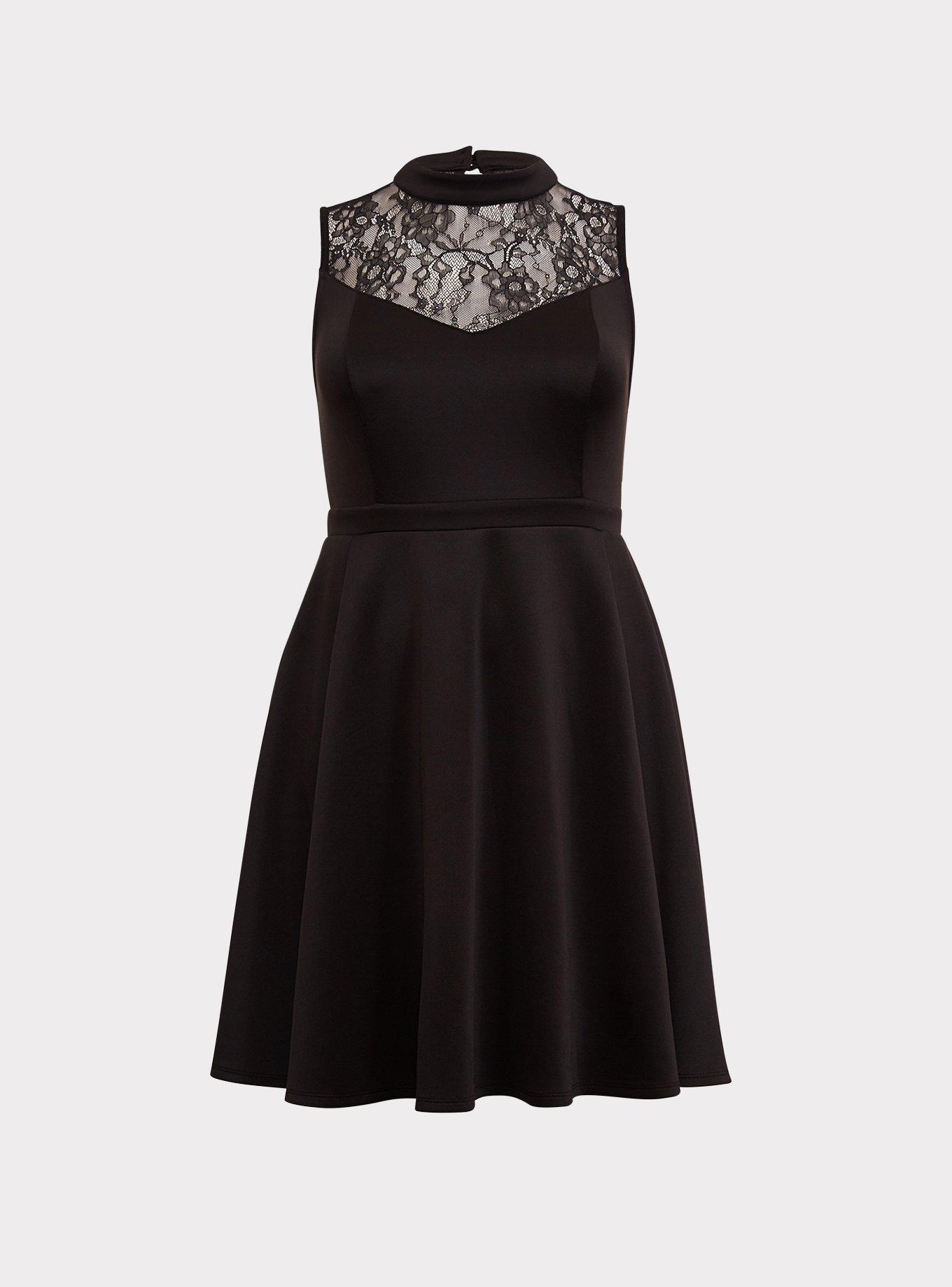 Plus Size Black Scuba Knit & Lace Skater Dress, , hi-res