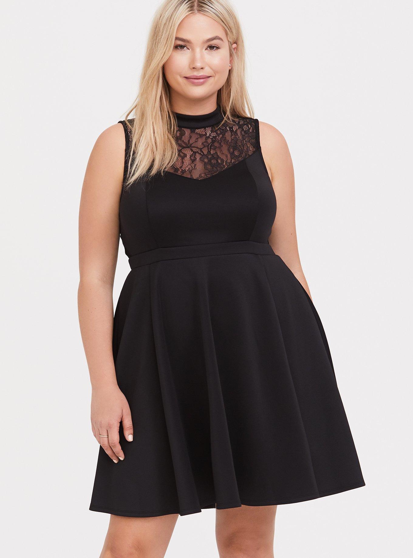 Plus Size Black Scuba Knit & Lace Skater Dress, , hi-res