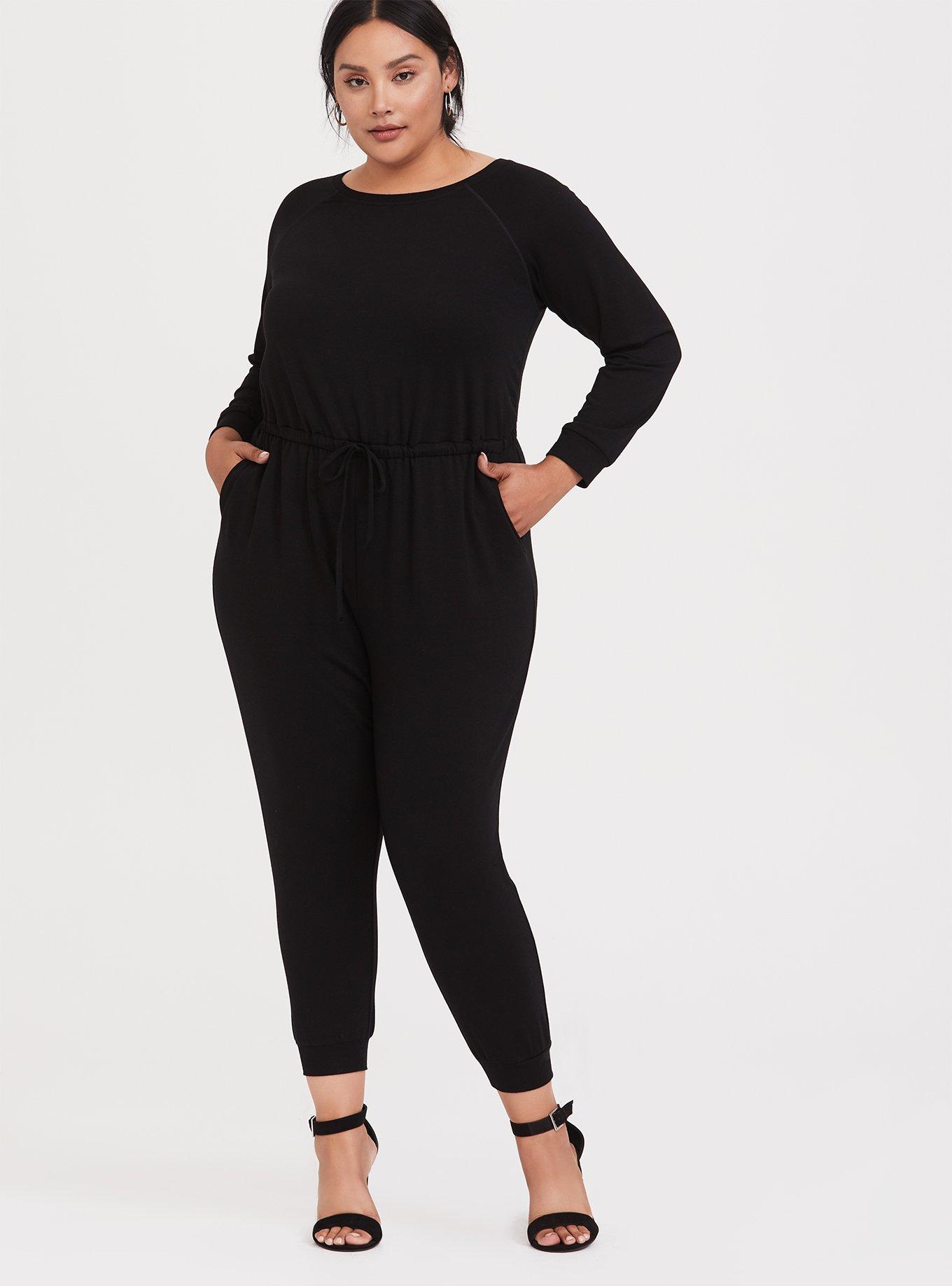 Black French Terry Drawstring Jumpsuit, DEEP BLACK, alternate
