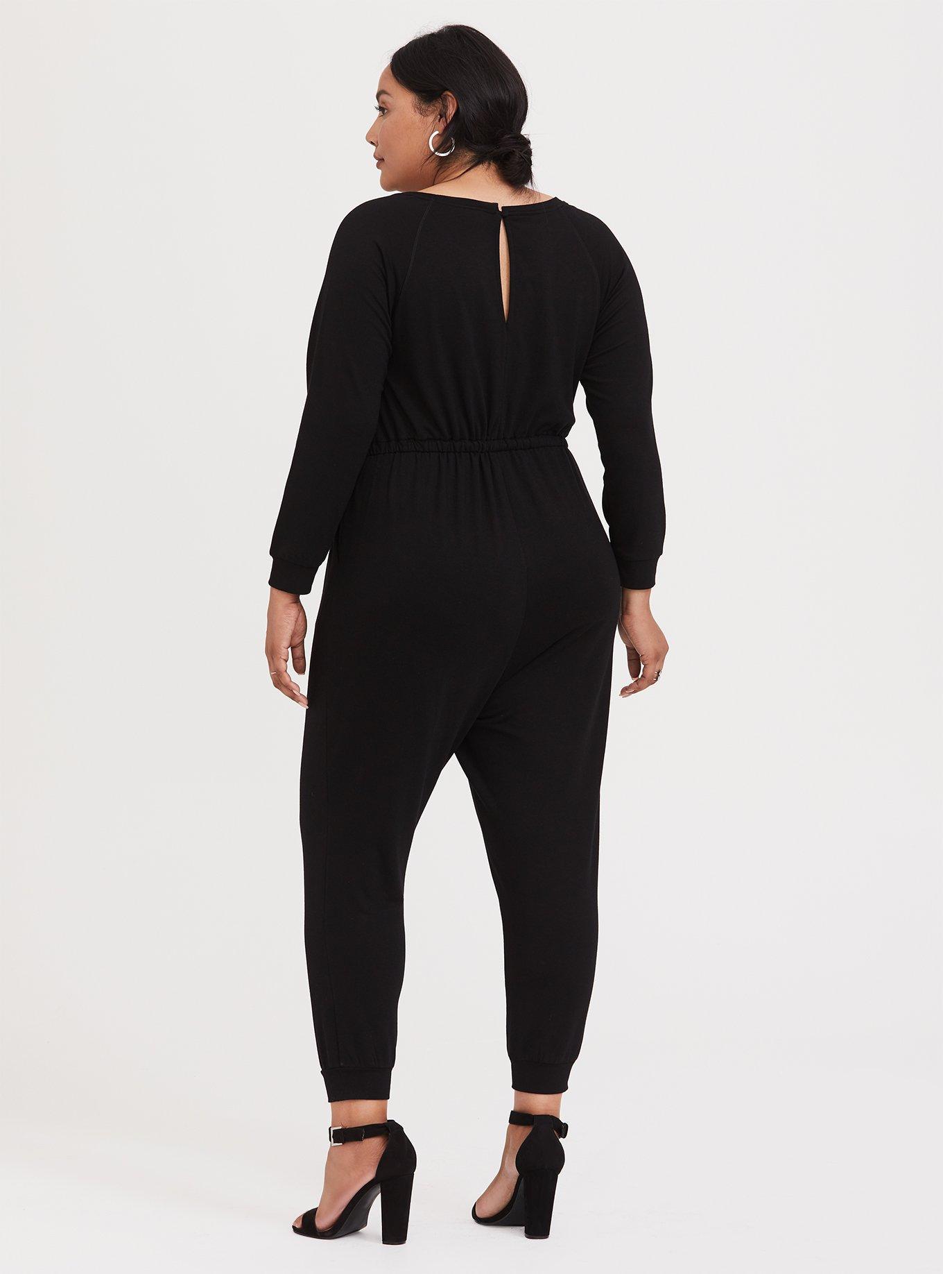 Black French Terry Drawstring Jumpsuit, DEEP BLACK, alternate