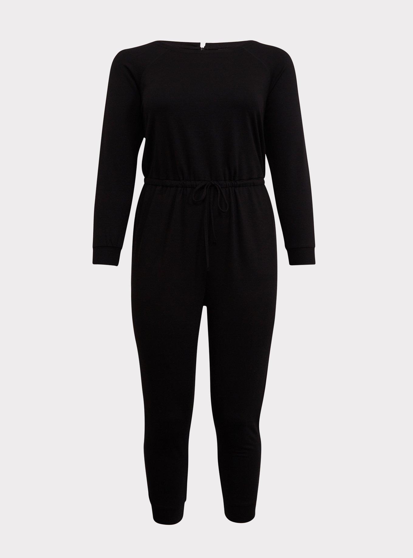 Black French Terry Drawstring Jumpsuit, DEEP BLACK, hi-res
