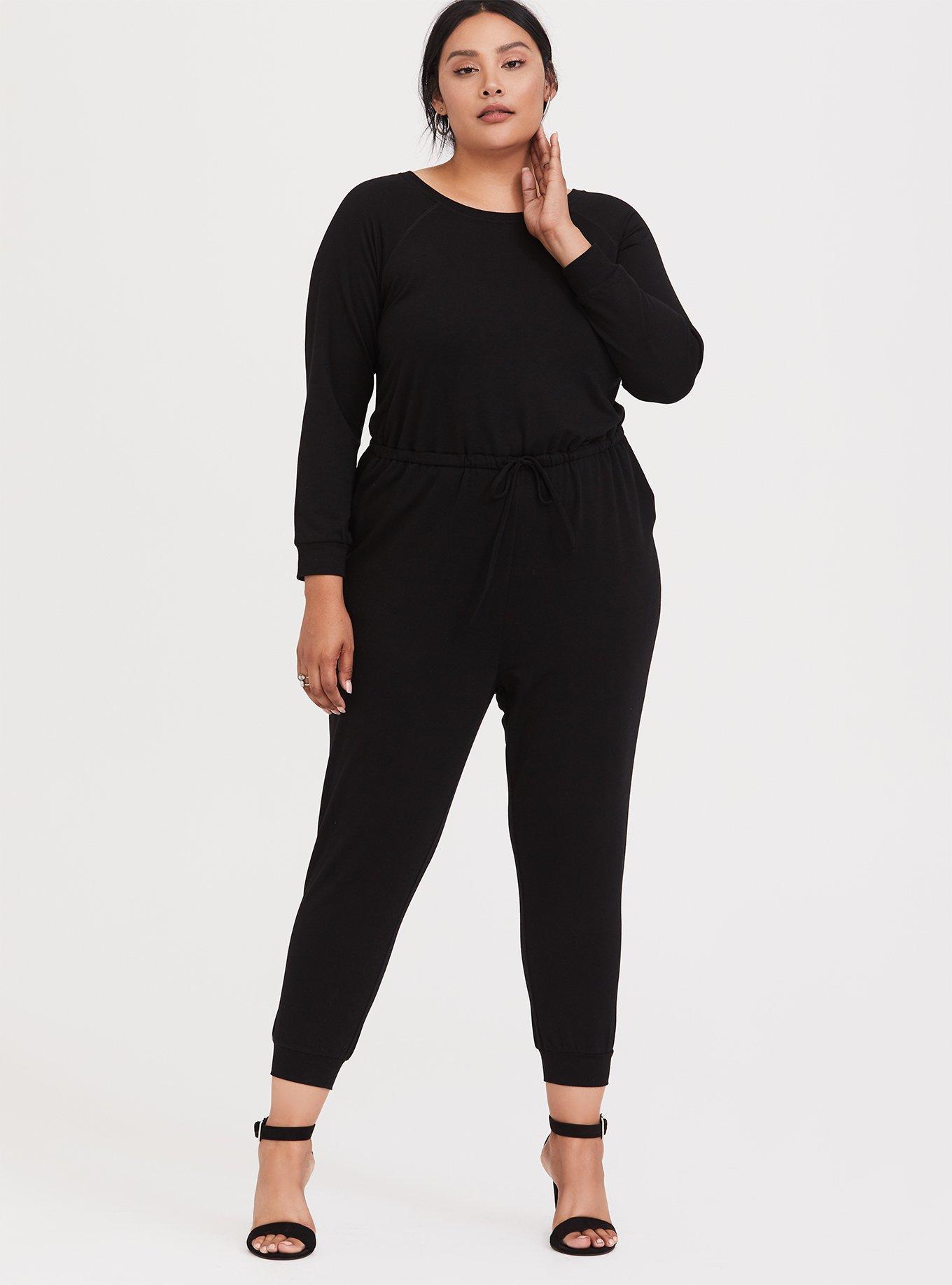 Black French Terry Drawstring Jumpsuit, DEEP BLACK, hi-res