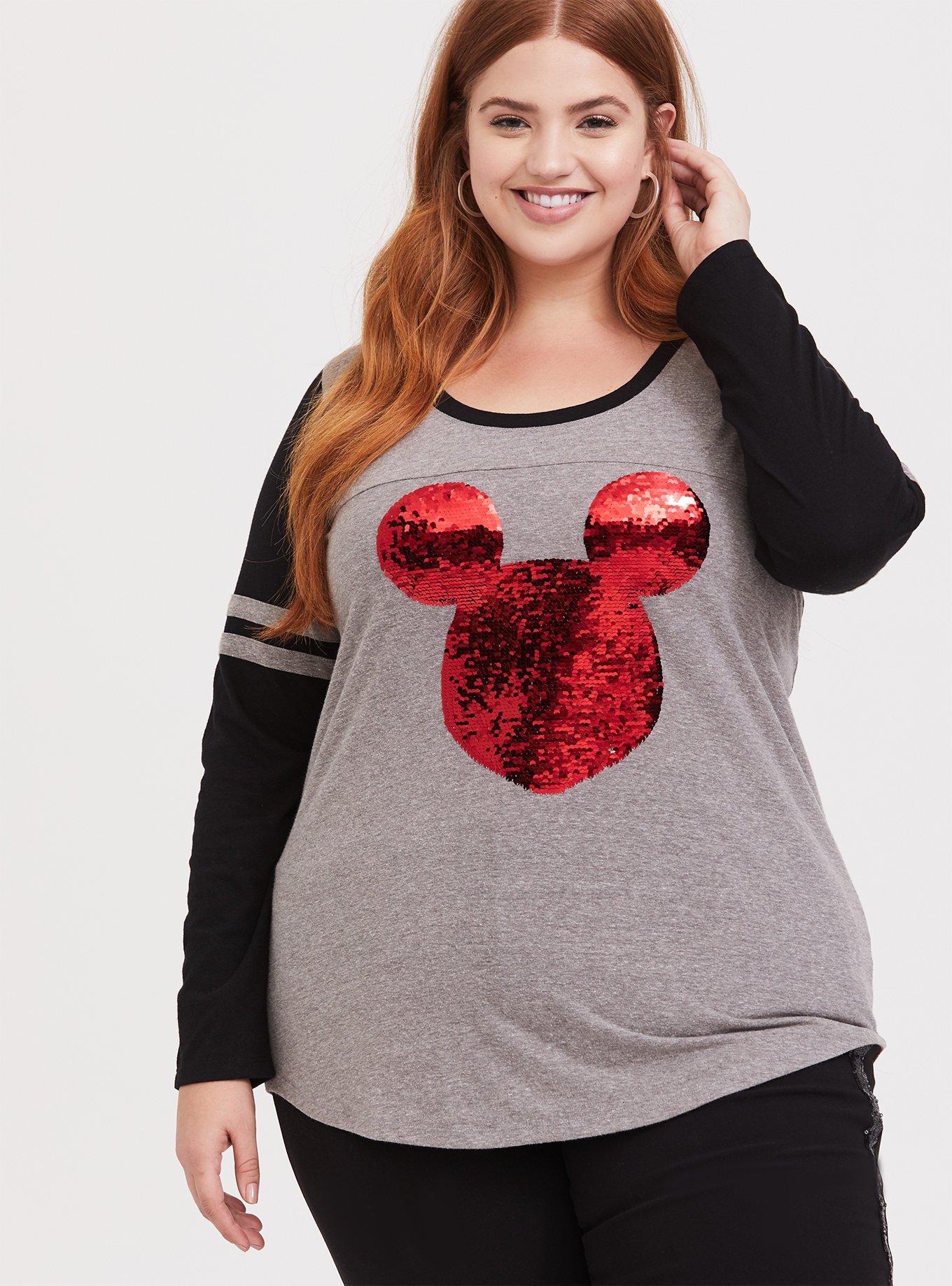 Plus Size Disney Holiday Mickey Mouse Flip Sequin Grey Raglan Top, HEATHER GRAY BLACK, alternate