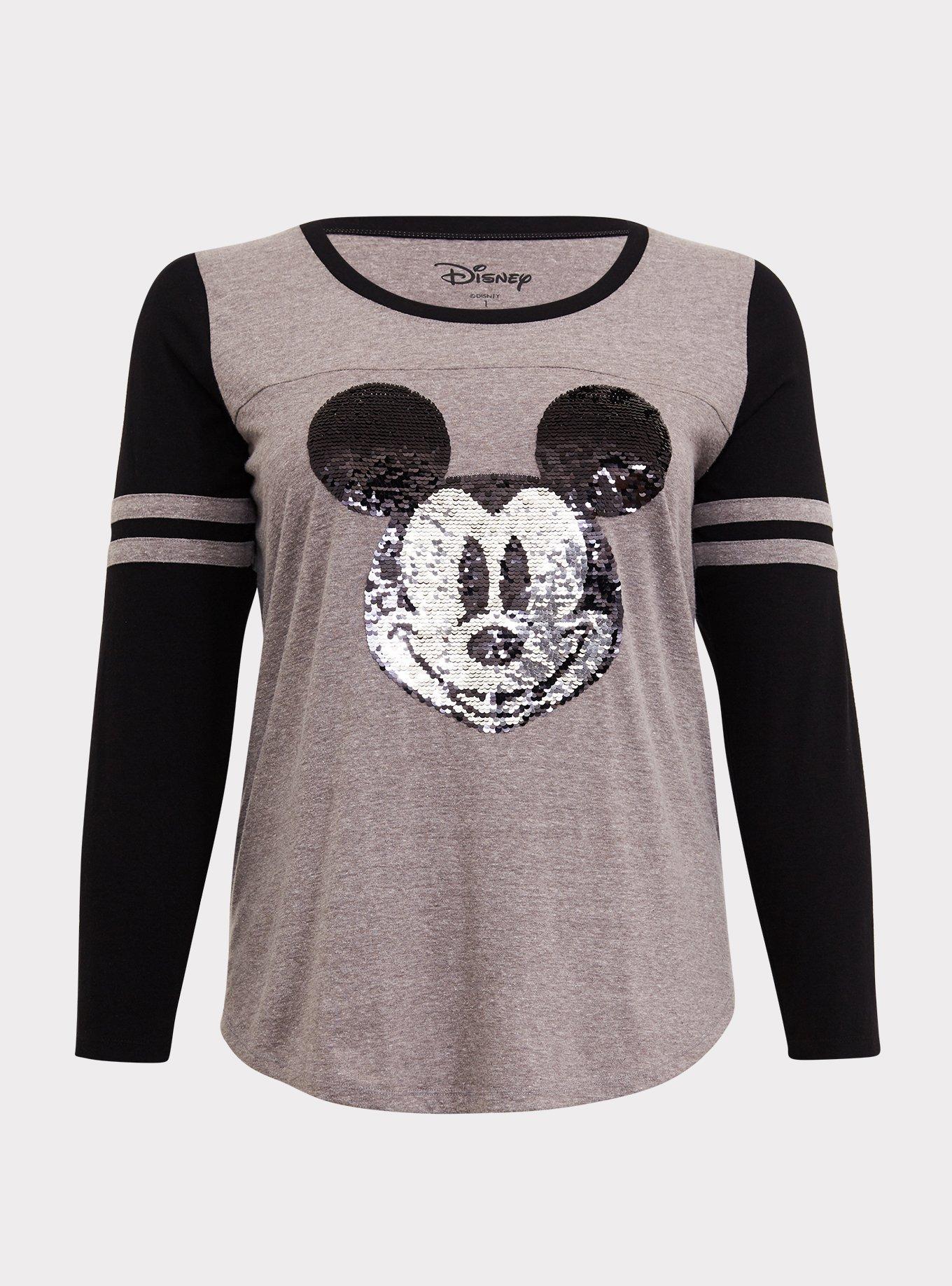 Plus Size Disney Holiday Mickey Mouse Flip Sequin Grey Raglan Top, HEATHER GRAY BLACK, hi-res
