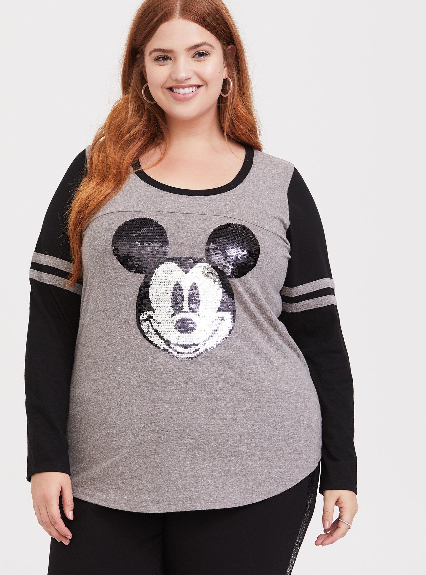 Plus Size Disney Holiday Mickey Mouse Flip Sequin Grey Raglan Top, HEATHER GRAY BLACK, hi-res