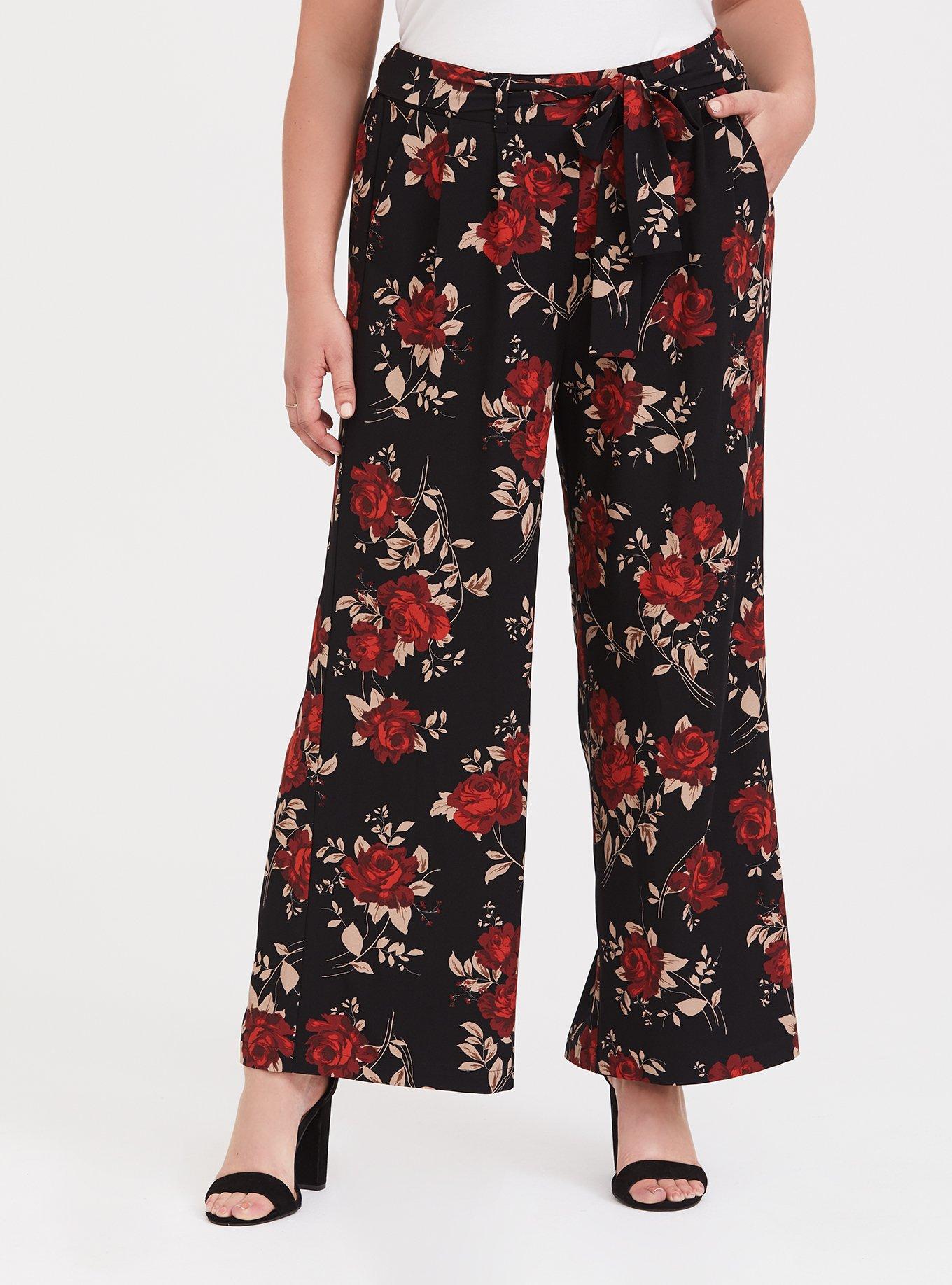 Plus Size - Black & Red Floral Wide Leg Pant - Torrid