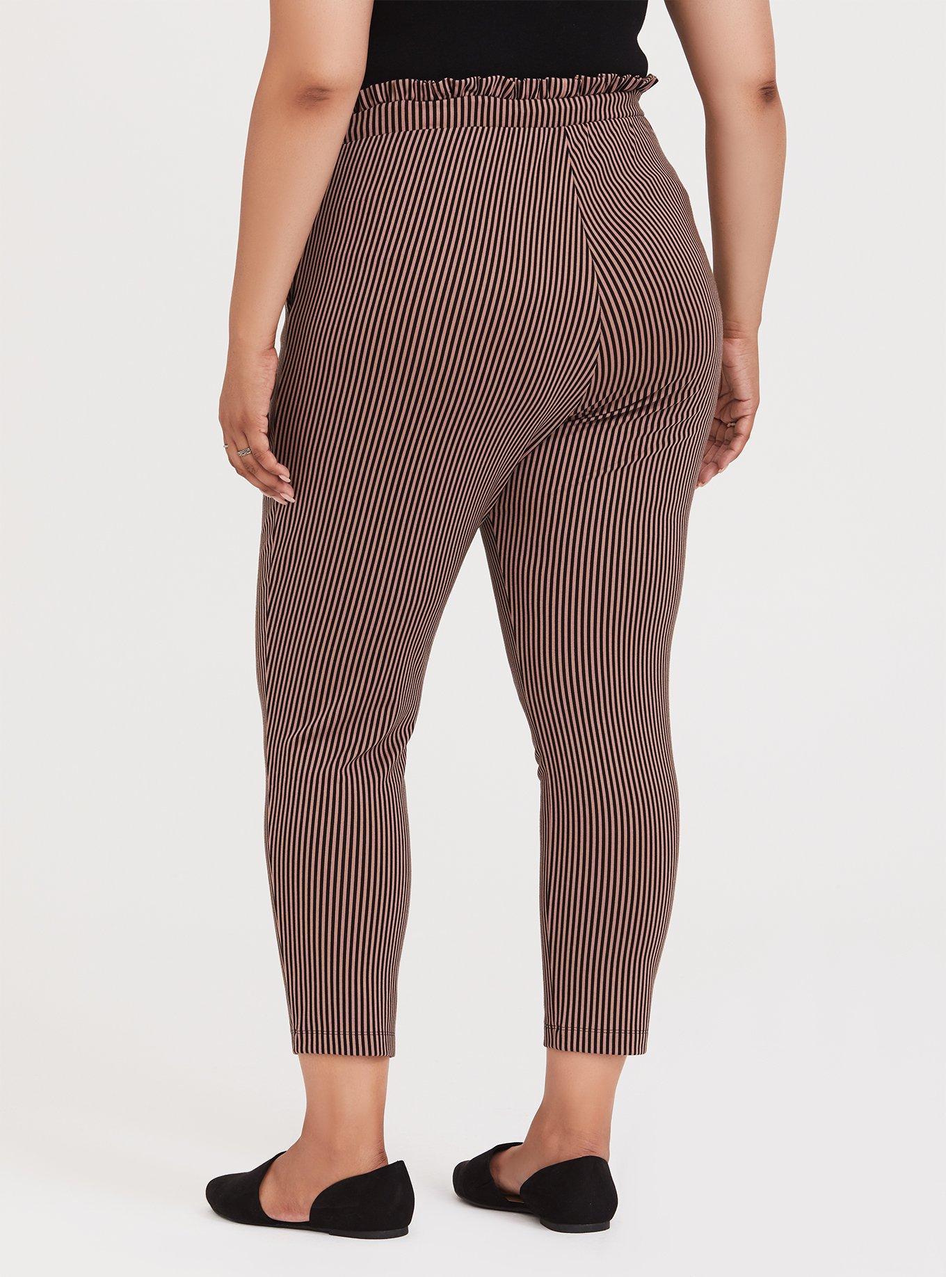 Plus Size Black & Taupe Pinstripe Ponte Paperbag Waist Tapered Pant, STRIPE, alternate