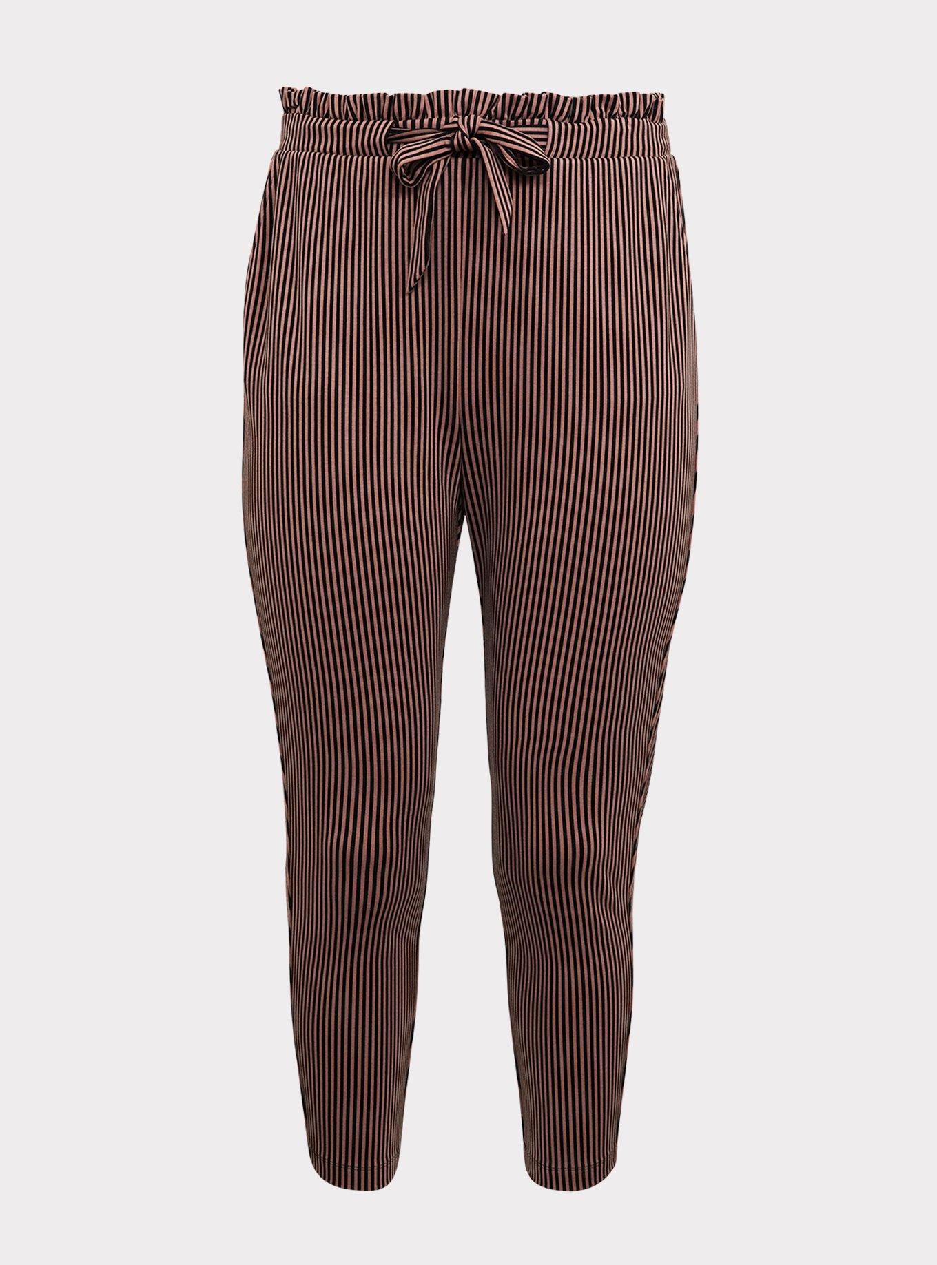 Plus Size Black & Taupe Pinstripe Ponte Paperbag Waist Tapered Pant, STRIPE, hi-res
