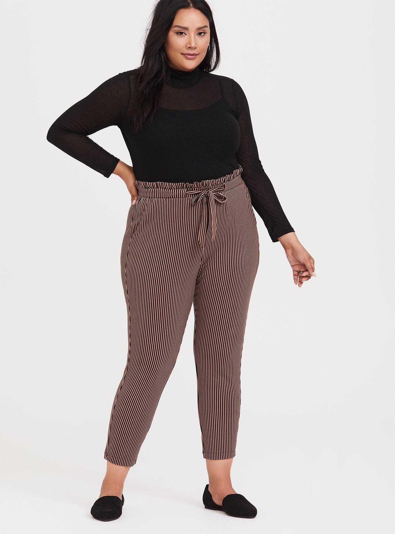Plus Size Black & Taupe Pinstripe Ponte Paperbag Waist Tapered Pant, STRIPE, hi-res