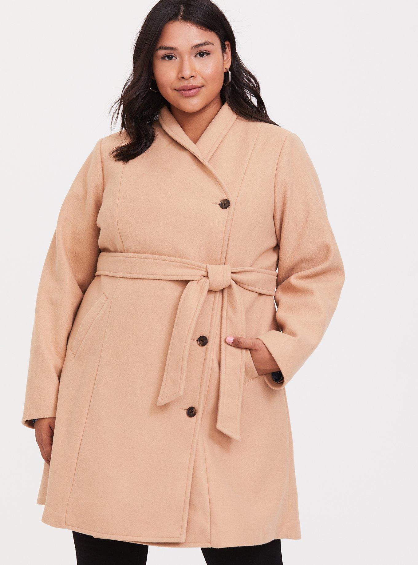 Plus Size Beige Brushed Asymmetrical A-Line Coat, CAMEL, alternate
