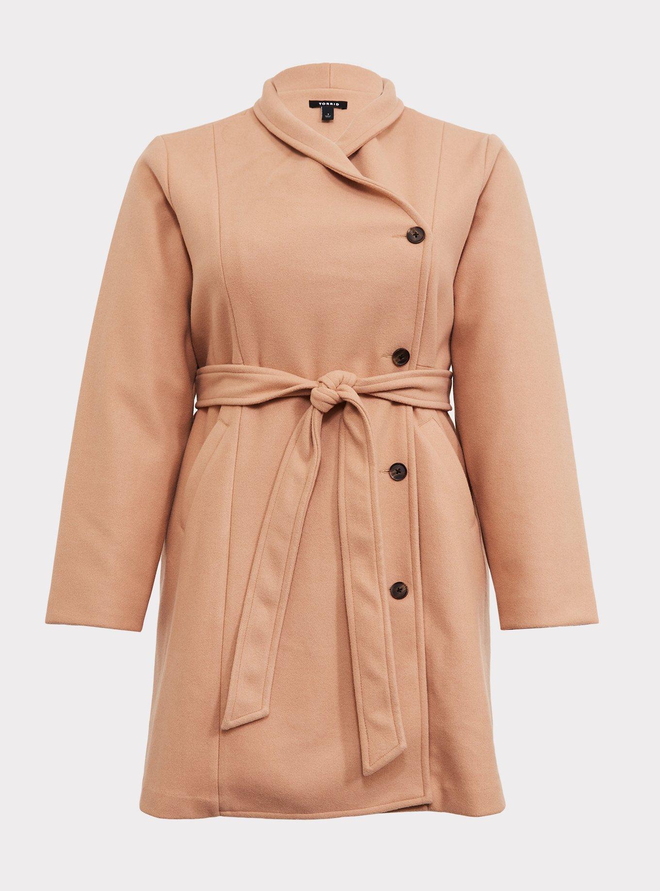 Plus Size Beige Brushed Asymmetrical A-Line Coat, , hi-res